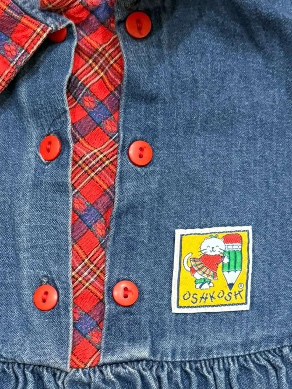 Vintage 80s 90s OSHKOSH Denim Jean Dress Girls Size 5 Plaid Collar MADE IN USA